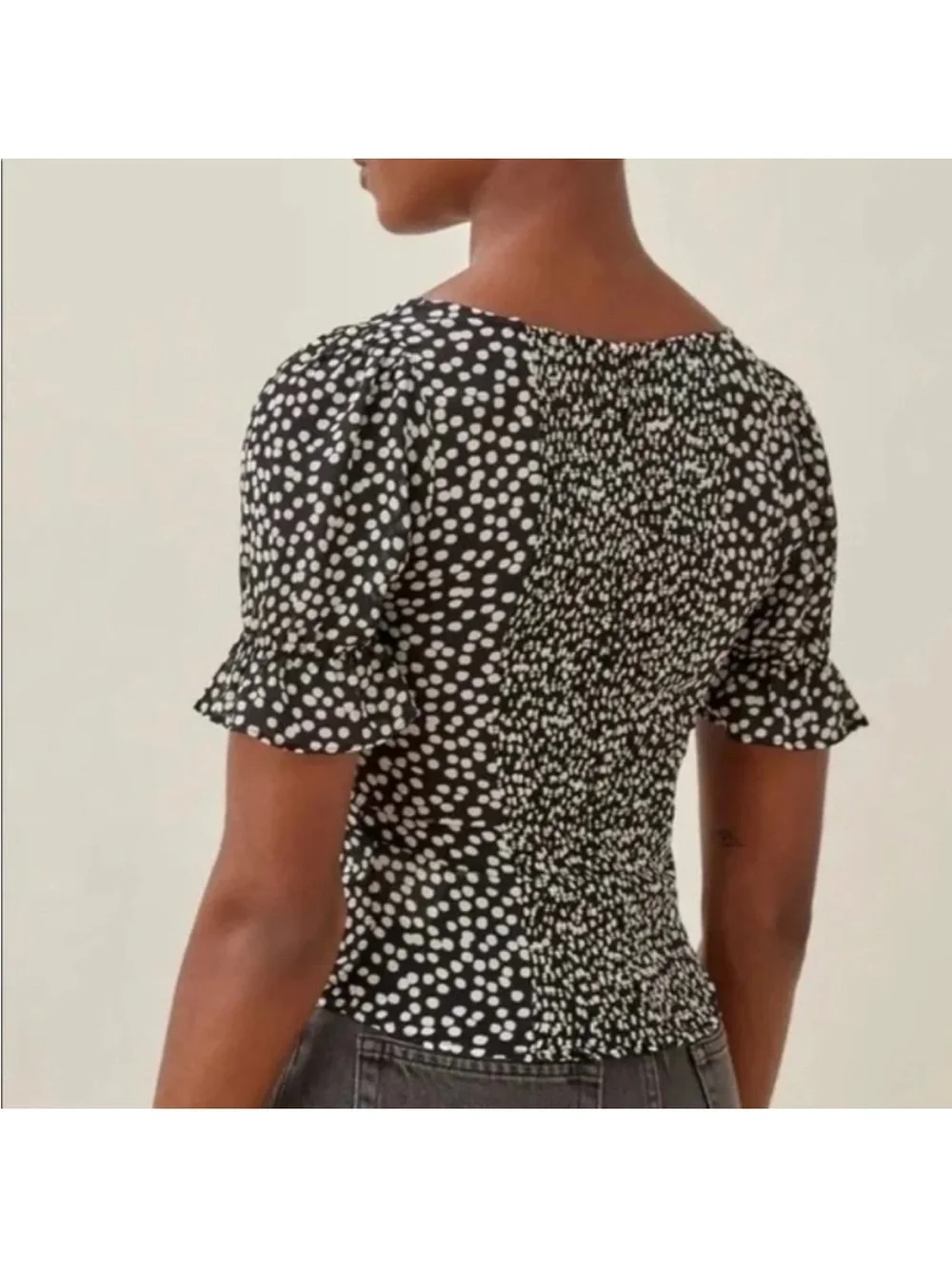 ReformationBlack and White Dot Sweetheart Neck Puff Sleeve Top